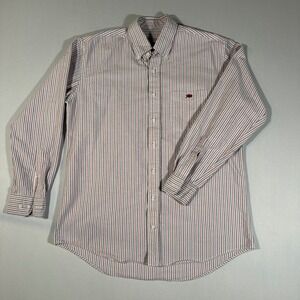 Perlis Crawfish Oxford Dress Shirt Stripe Button Down Logo Long Sleeve Casual Md